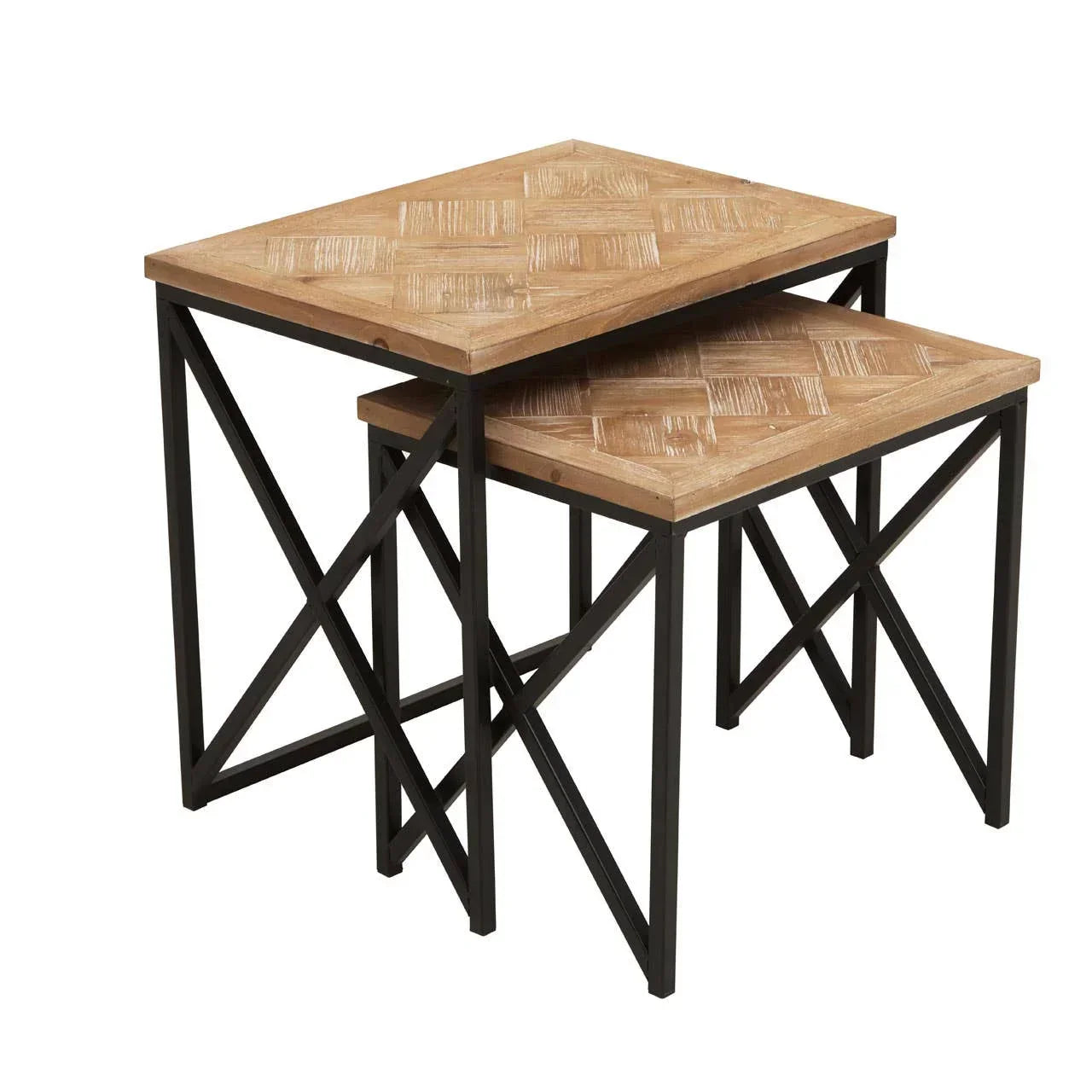 Industrial style nesting tables with black metal frame and wood parquet tops