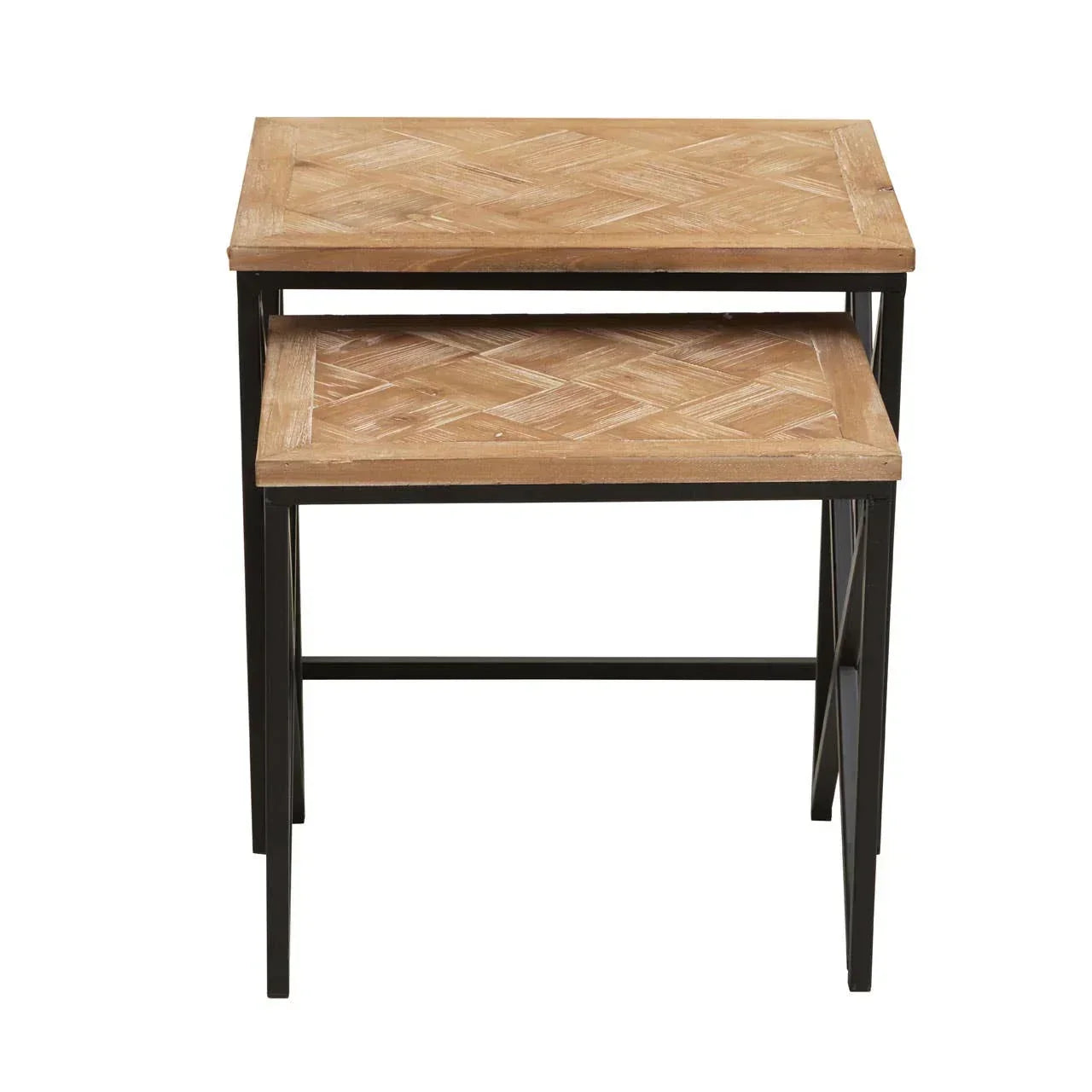 Set of two wooden nesting tables with herringbone tops and black metal legs