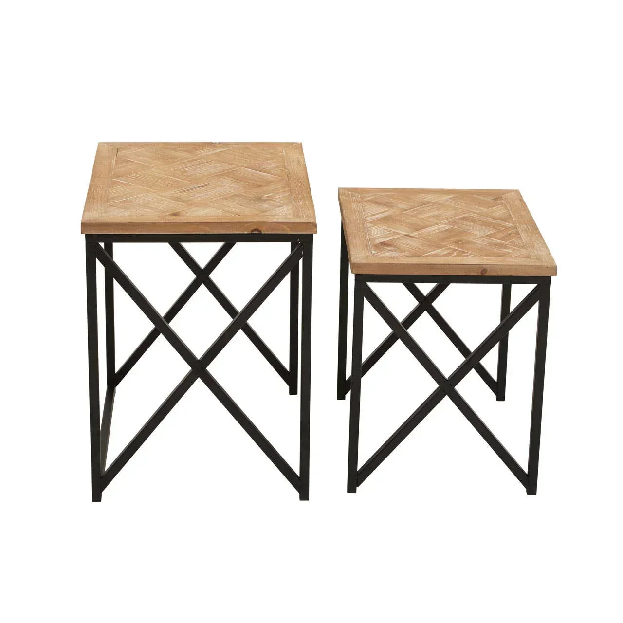 Set of two square wood top side tables with black metal cross frame bases