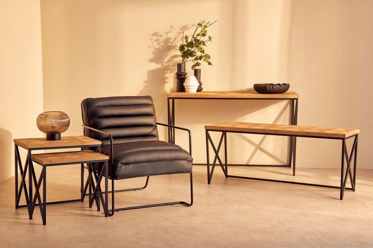 Black leather accent chair with wooden top tables and console table, black metal frames
