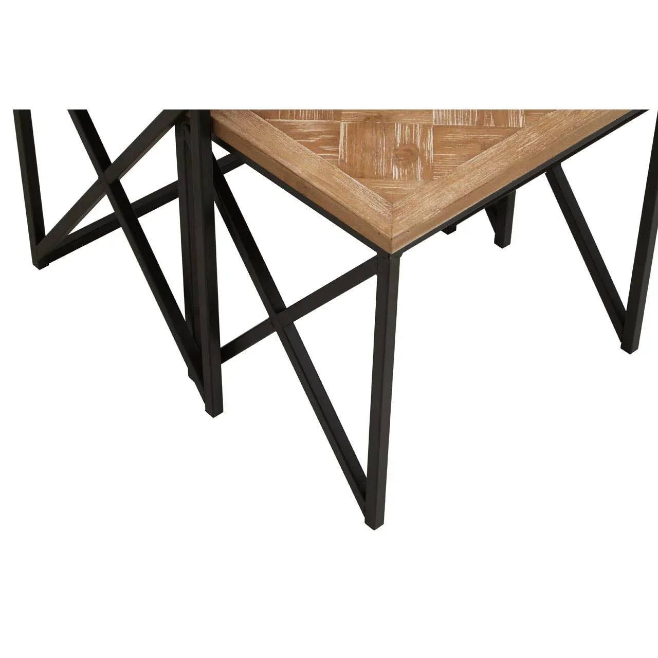 Wood and metal side table with geometric black frame and natural finish top, corner view