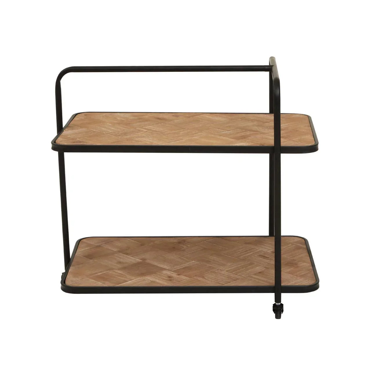 Two tier wooden serving trolley with black metal frame and wheels
