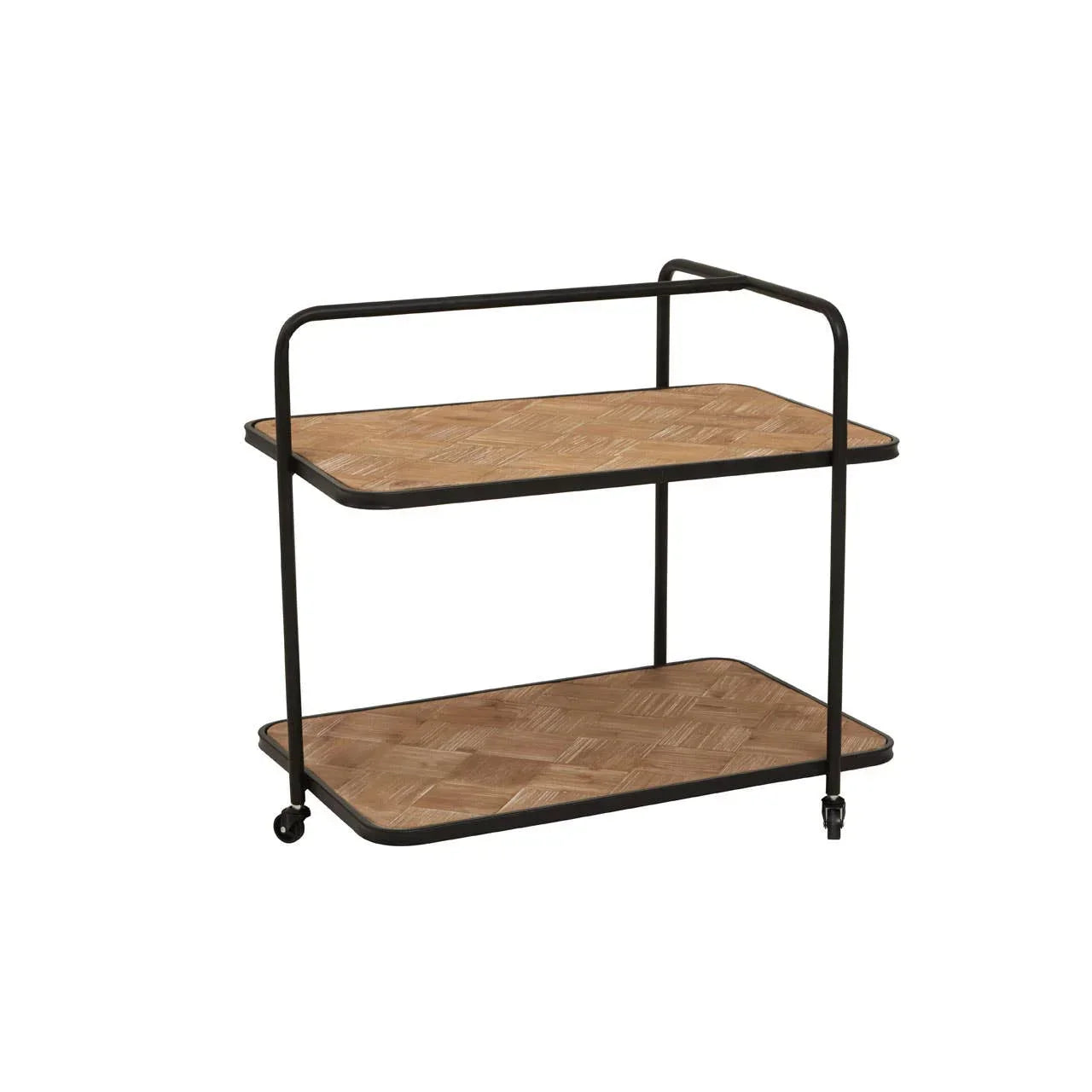 wooden serving trolley with black metal frame and two shelves on wheels