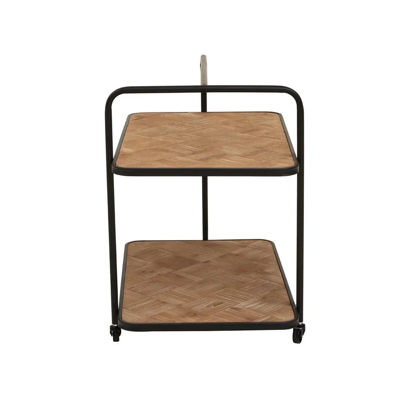 Two tier wooden and metal bar cart with wheels, front view with parquet shelves