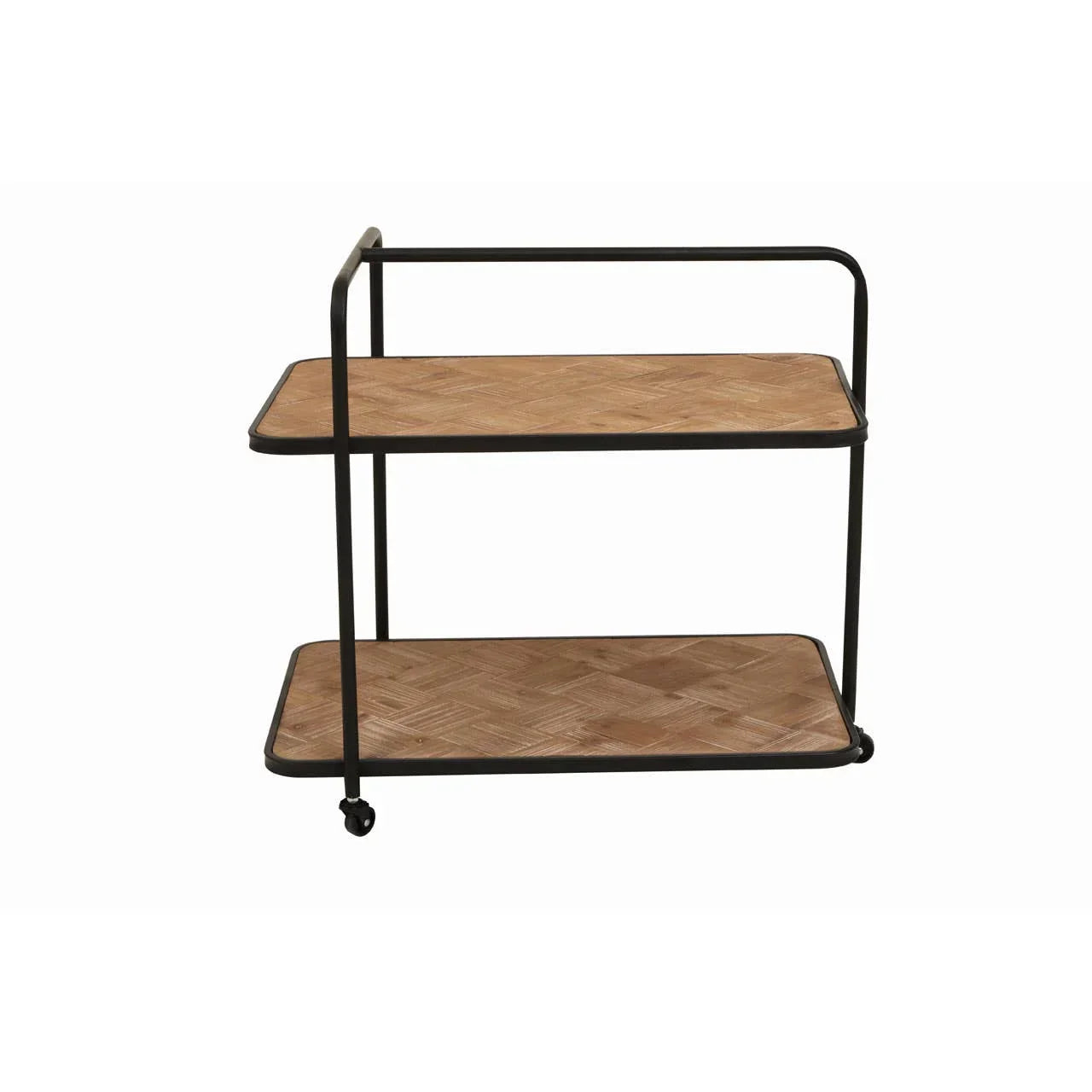 two tier wooden serving trolley with black metal frame and caster wheels