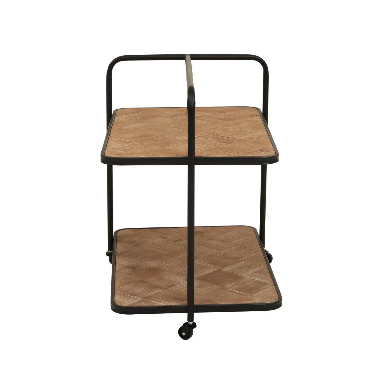 Two tier wooden serving trolley with black metal frame and castor wheels, front view