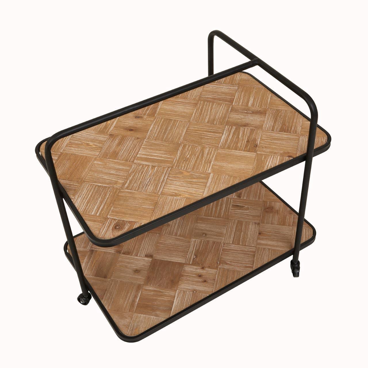 Two tier wooden bar cart with black metal frame and parquet shelves on castor wheels