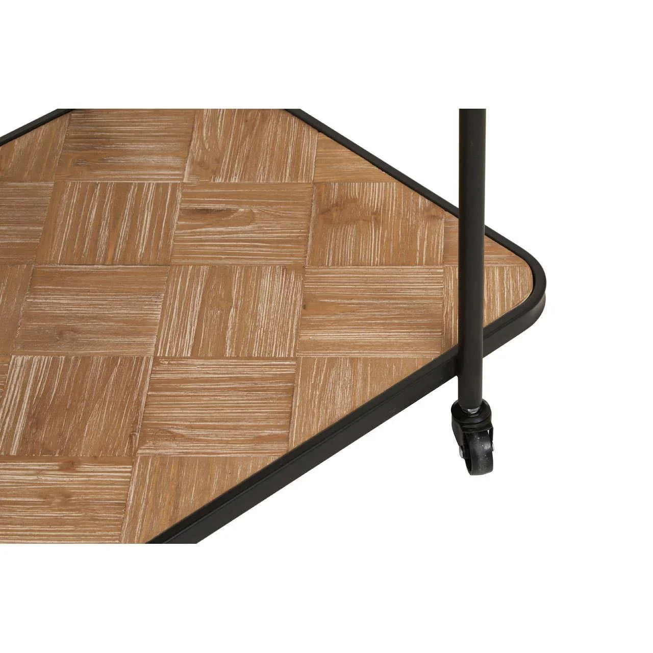 Wood effect bar cart shelf corner with black metal frame and caster wheel