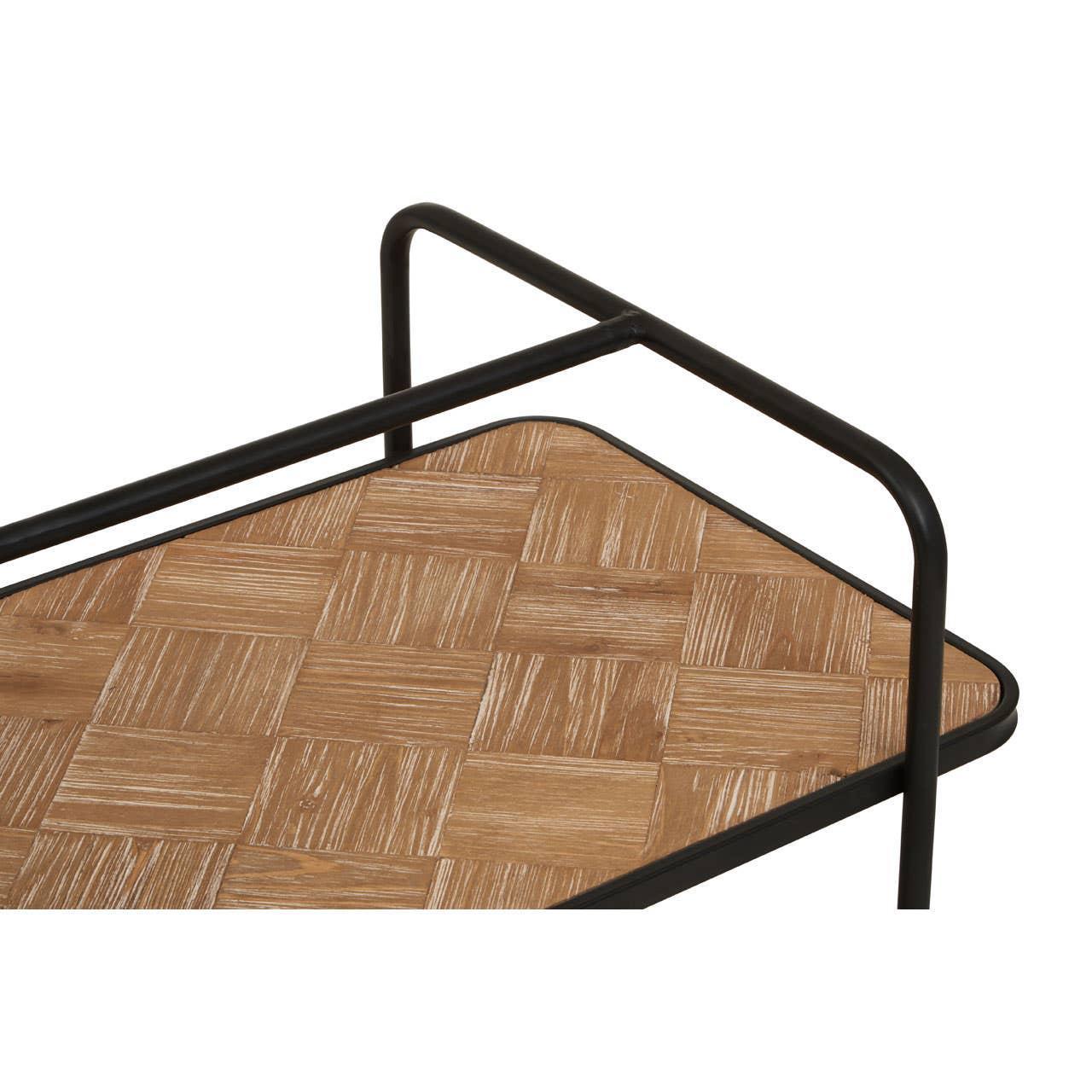 Metal and wood tray table with square patterned surface and black frame, corner view