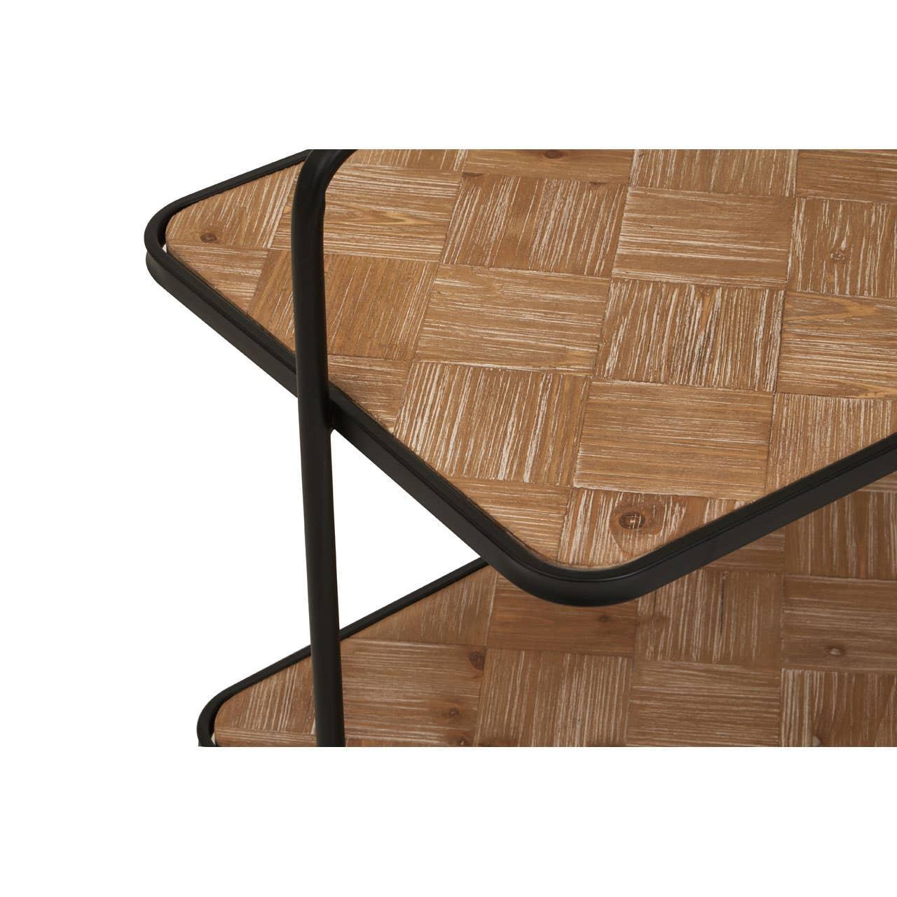 Closeup of wooden side table with black metal frame and parquet style shelves