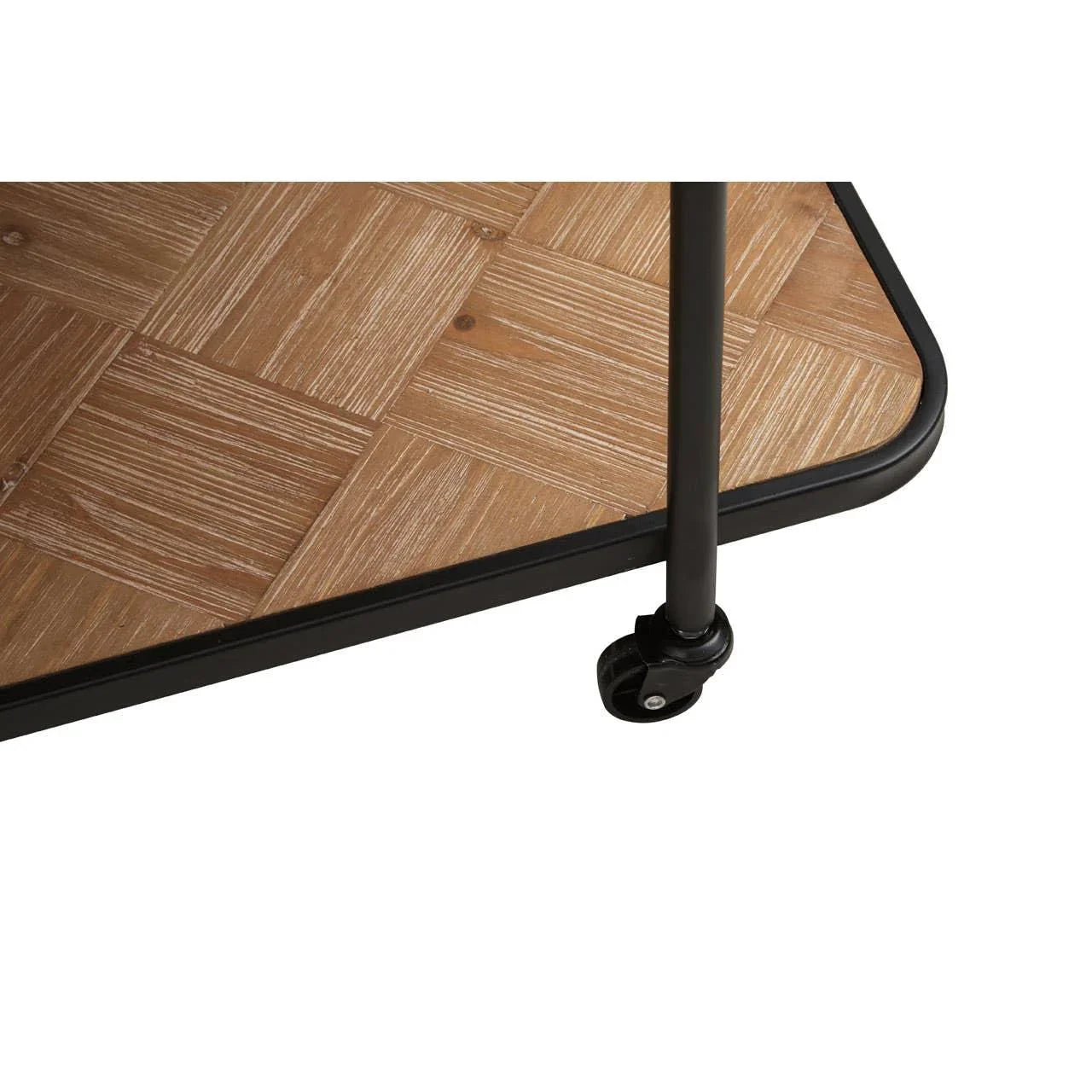 Closeup of bar cart corner with wood patterned shelf, black frame, and caster wheel