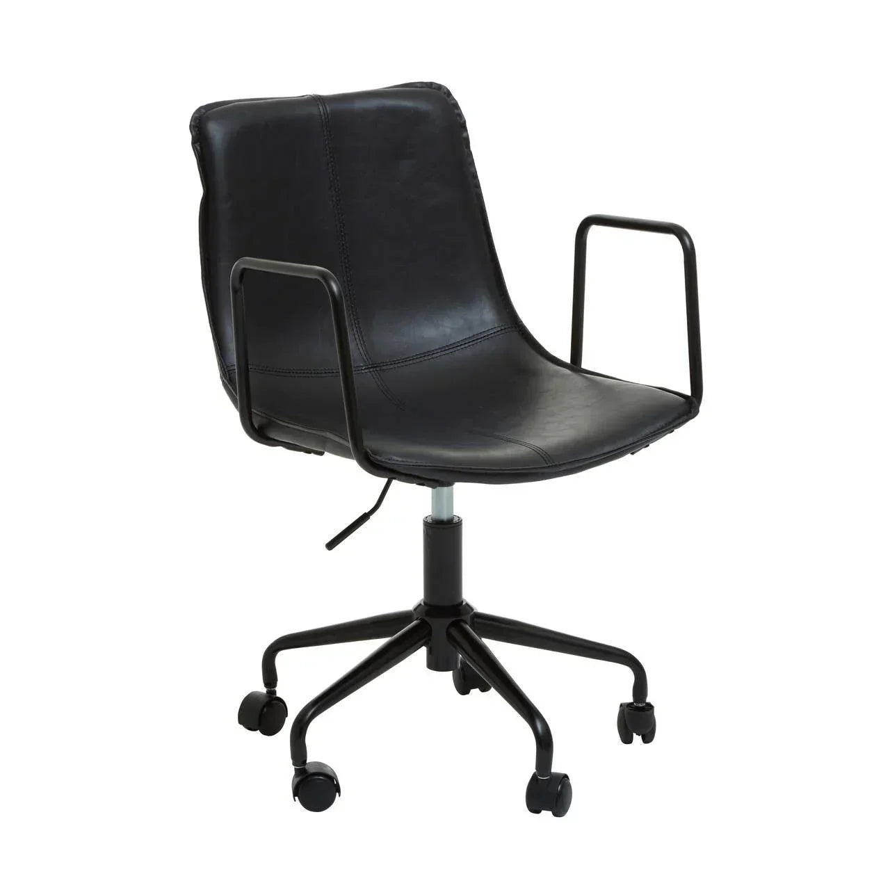Black leather office chair with metal armrests and five-wheel base