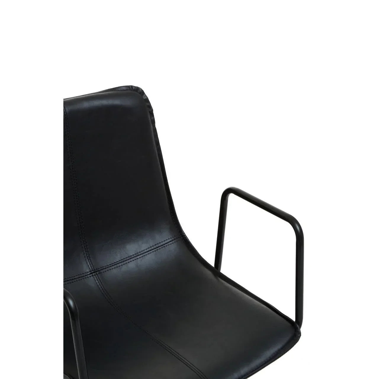 Black leather accent chair with metal arms, close-up of seat and backrest