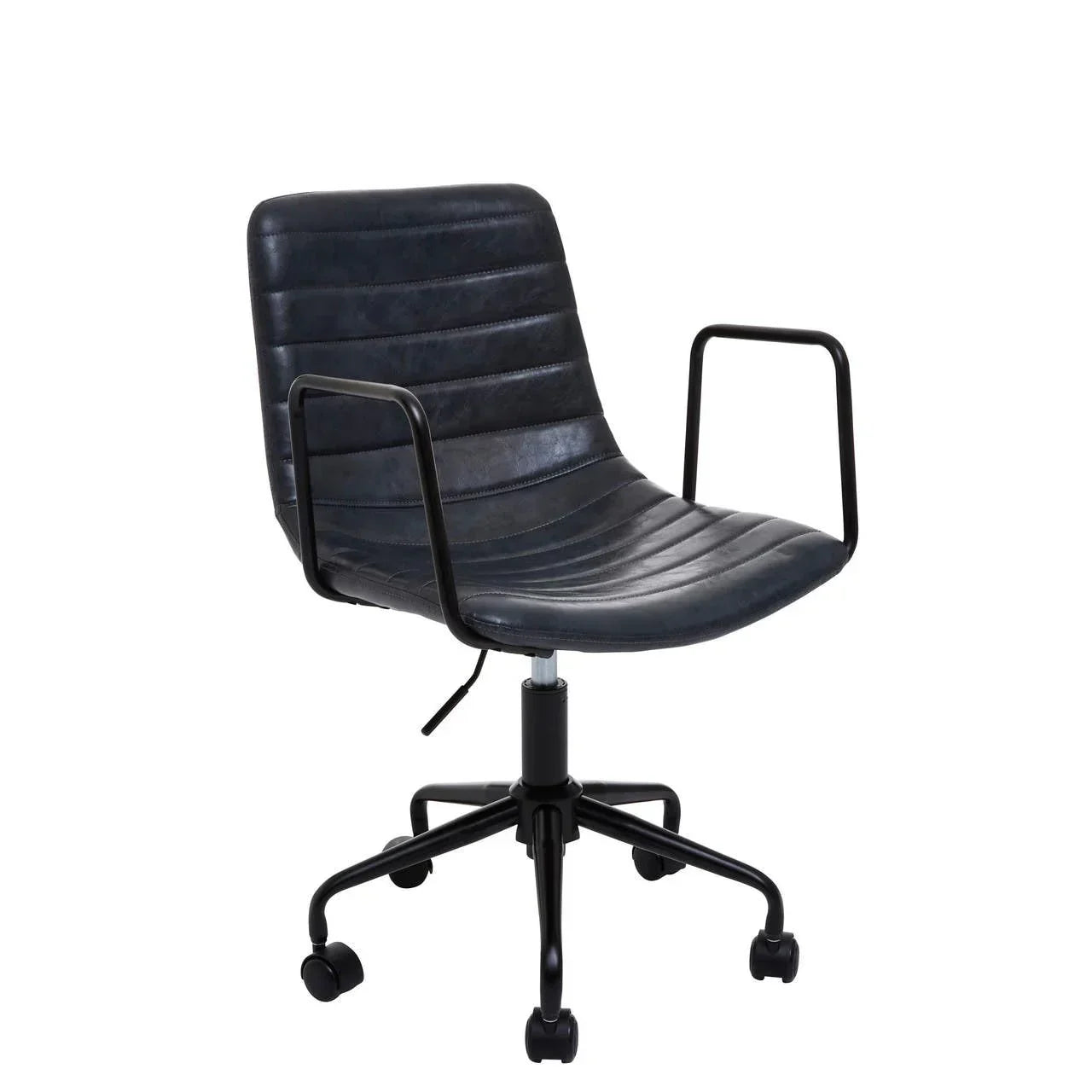 Black faux leather office chair with metal arms and five-wheel base, side angle view
