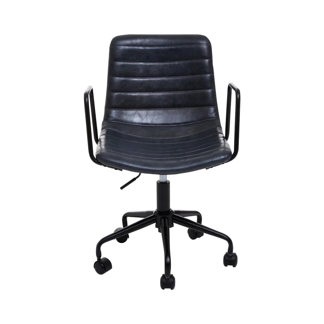 Black leather office chair with armrests and wheeled base, front view