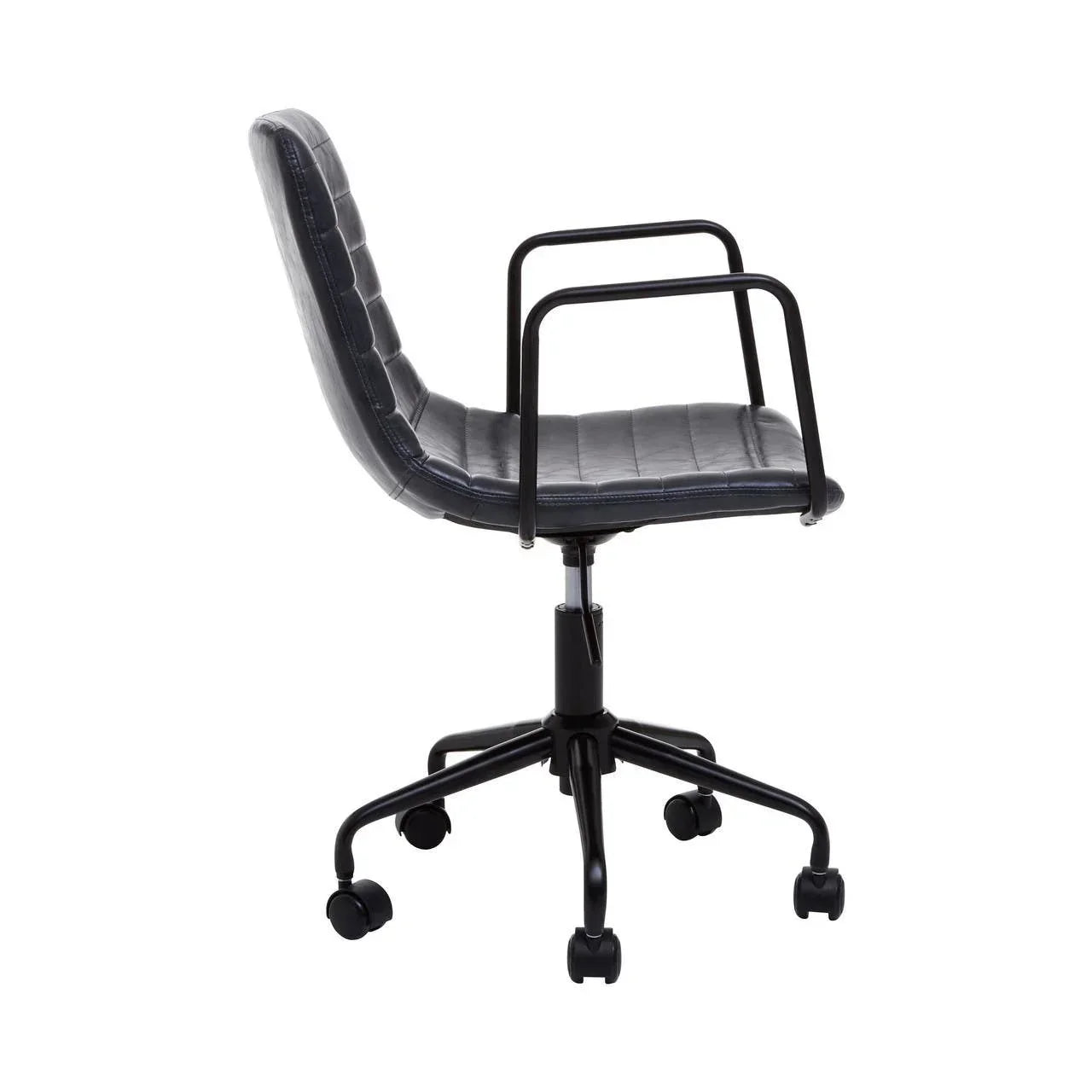 Black leather office chair with arms and caster wheels, side view