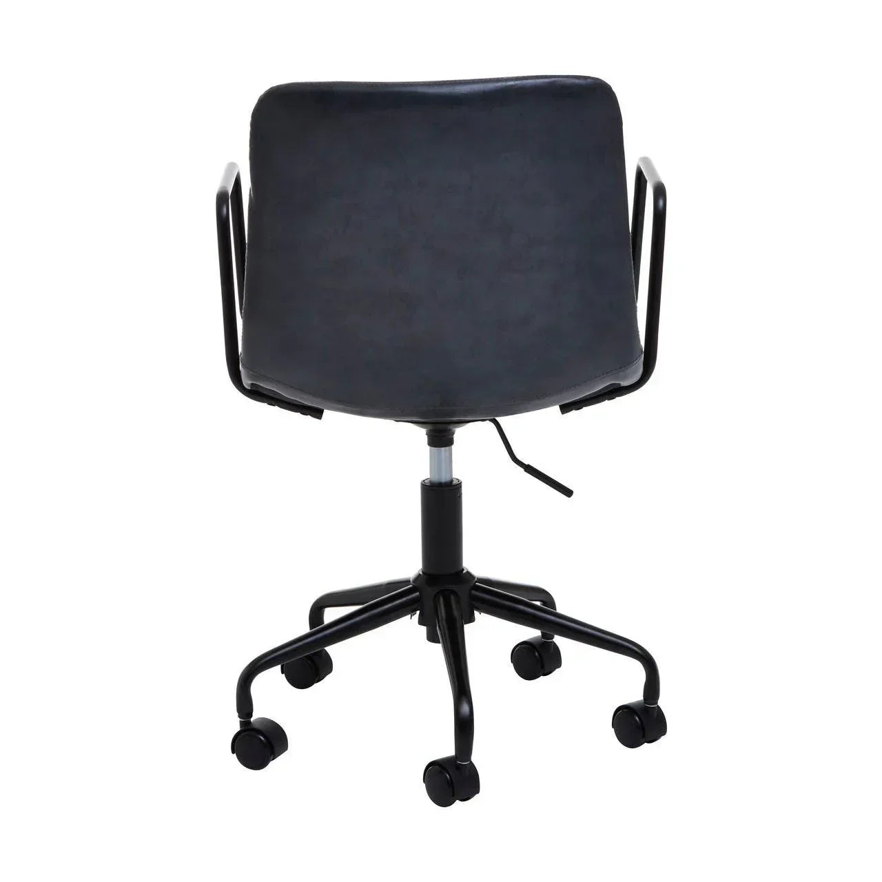 Black office chair with swivel base, armrests, and casters rear view