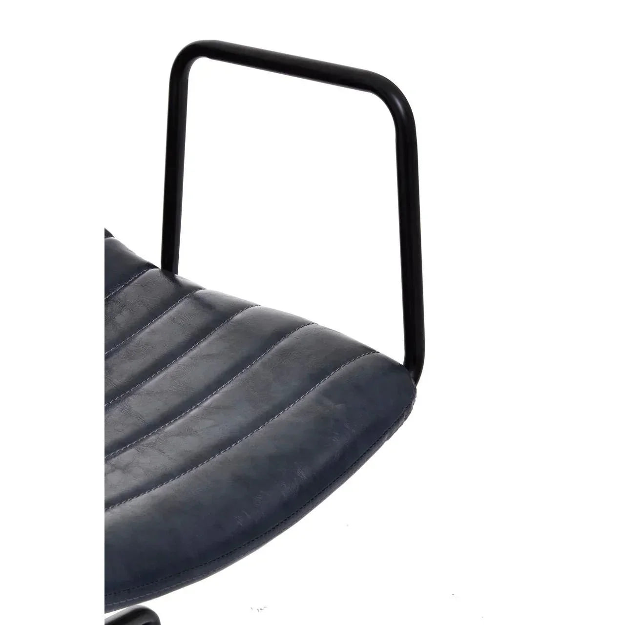Detail of blue faux leather dining chair seat with black metal armrest
