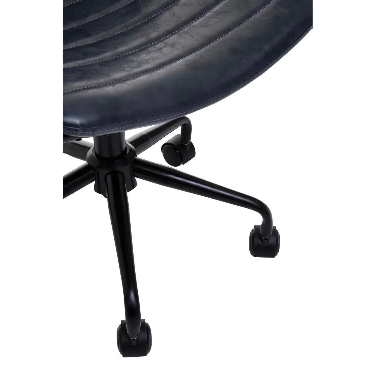 Black swivel office chair with faux leather seat and metal legs on castor wheels