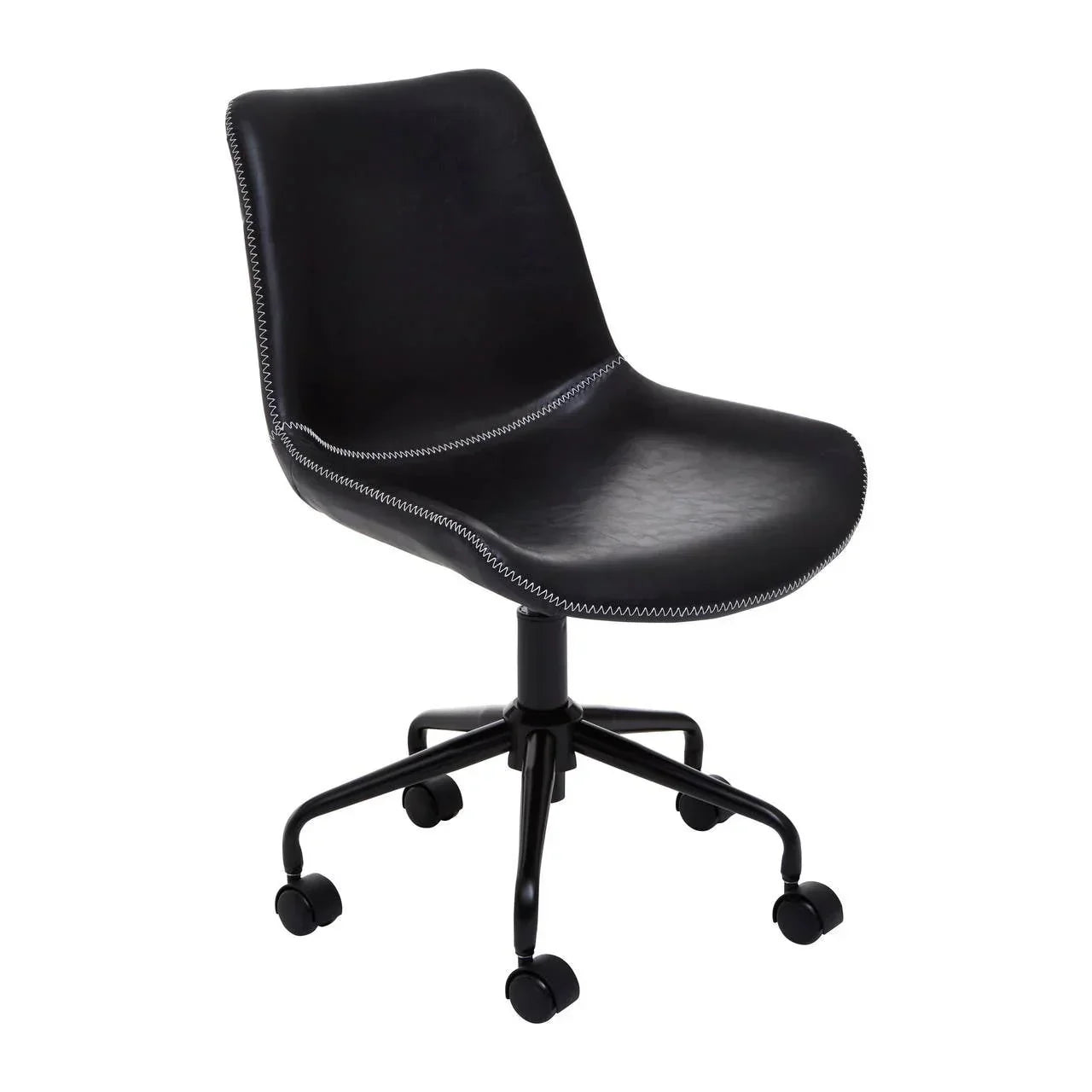Black office chair with white stitched seams and swivel base on castor wheels