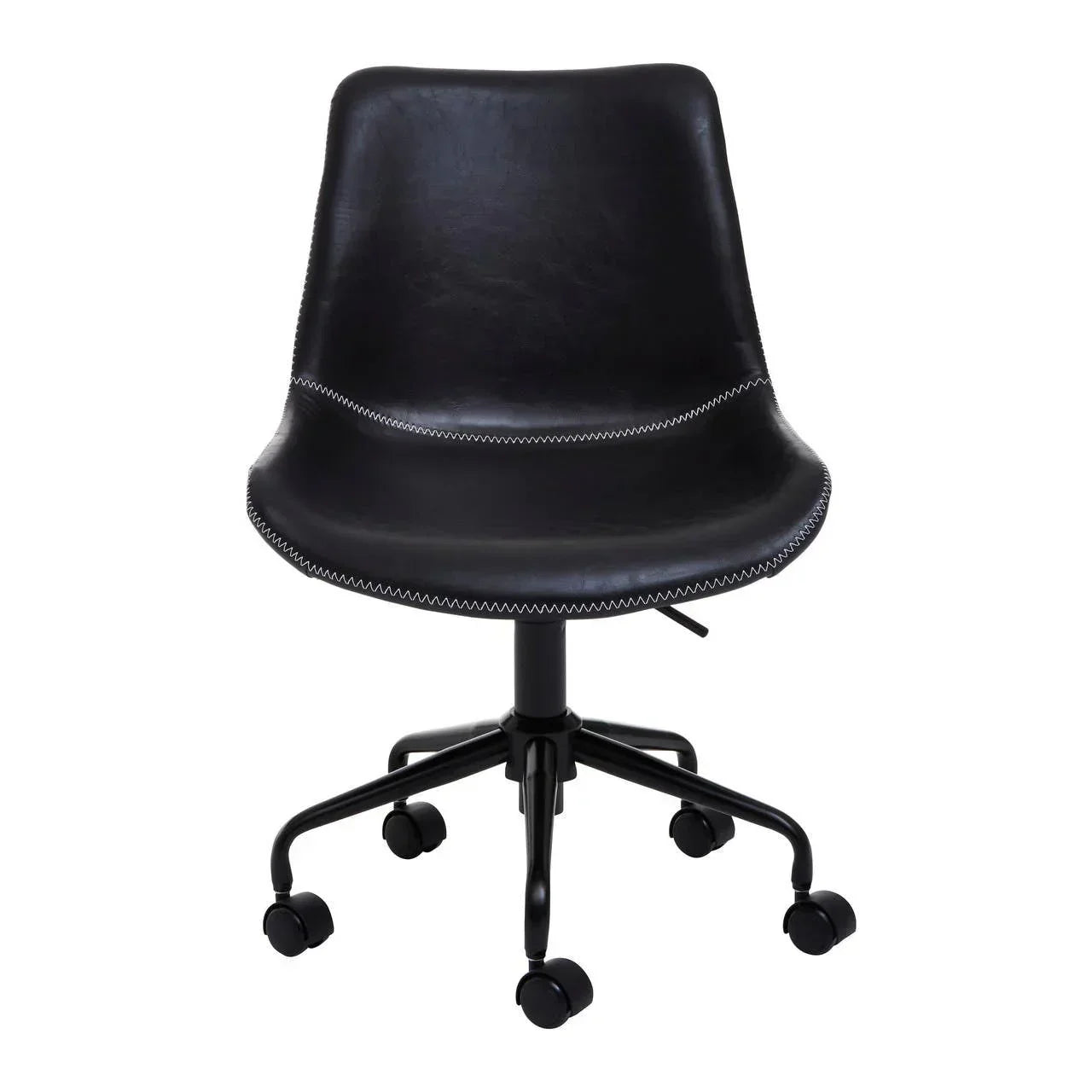 Black faux leather office chair with white stitching and five-wheel base, front view
