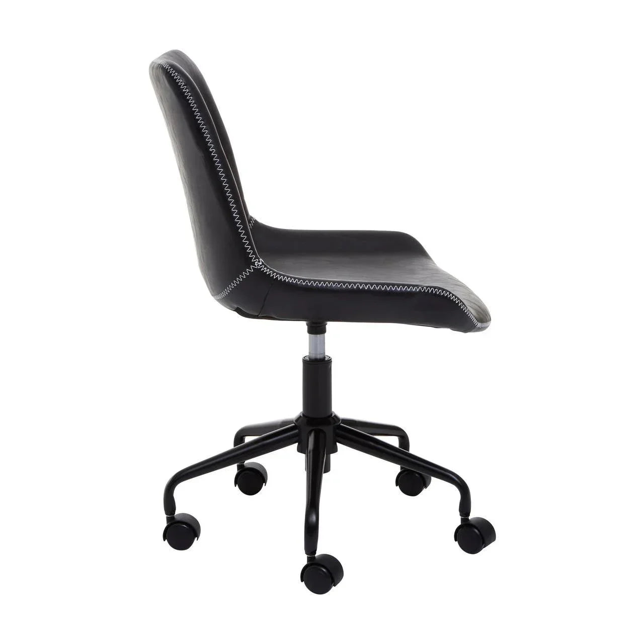 Black office chair with white stitching and swivel wheels, side view