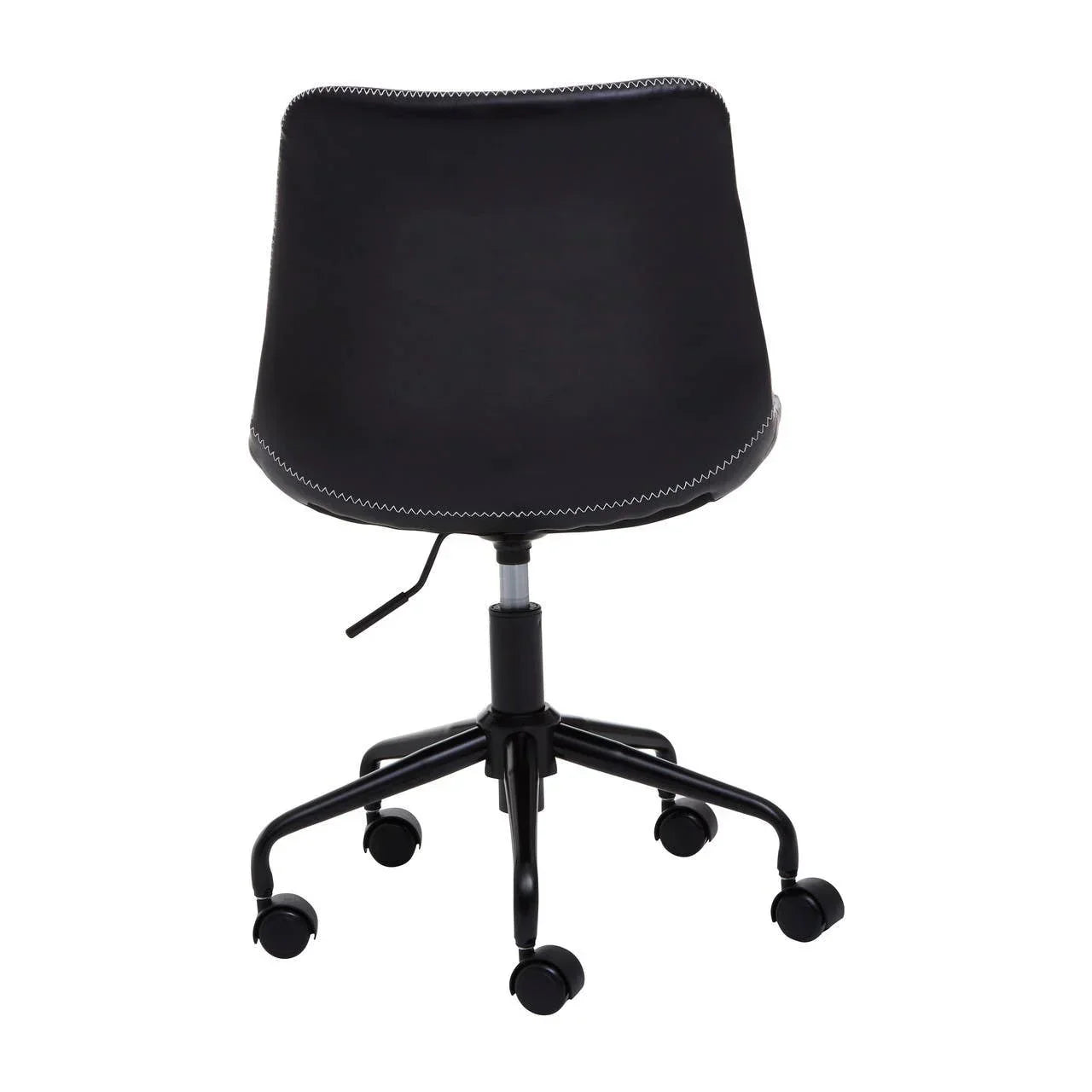 Black office chair with white stitching, five wheels and adjustable height, rear view