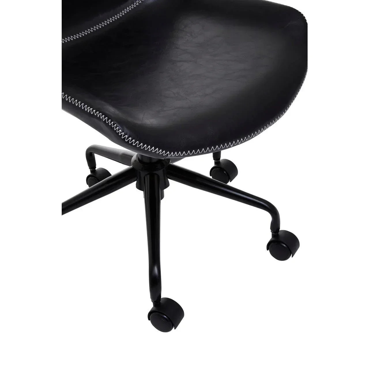 Black office chair with white stitching and metal base with castor wheels