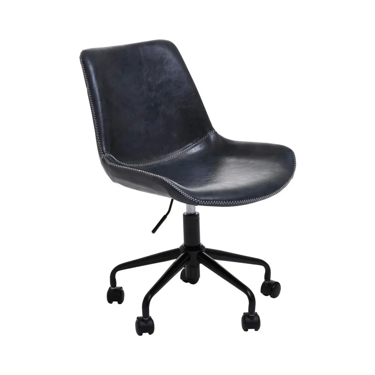 Black faux leather office chair with adjustable seat and caster wheels