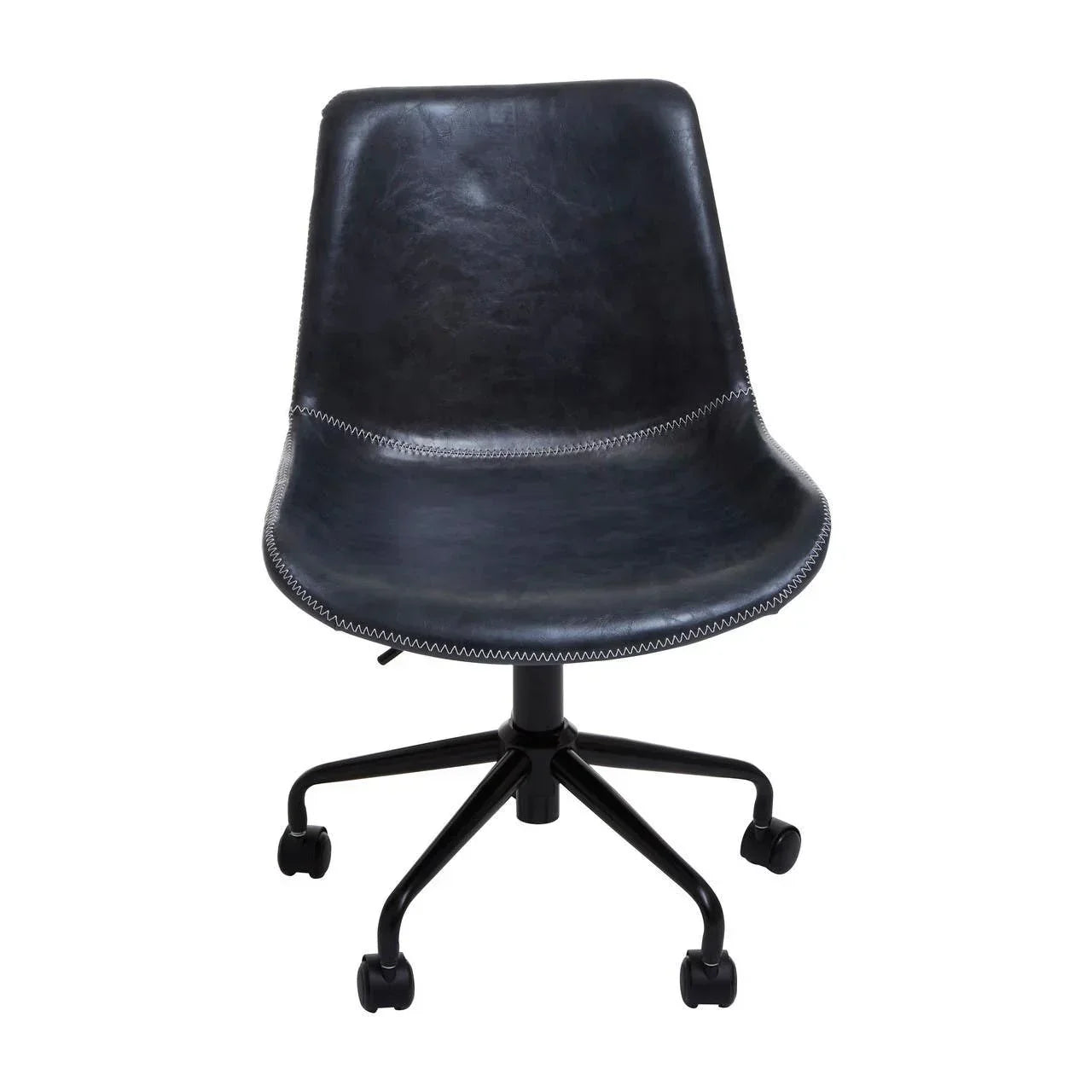 Black leather office chair with swivel base and caster wheels, front view