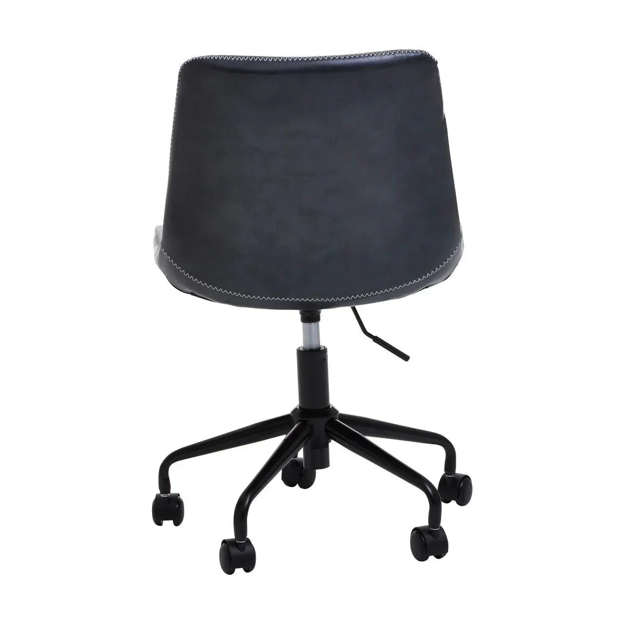 Black swivel office chair with stitched faux leather back and five-wheel metal base