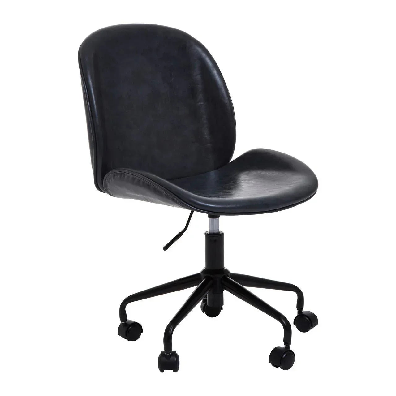 Black faux leather office chair with wheels and adjustable height on white background