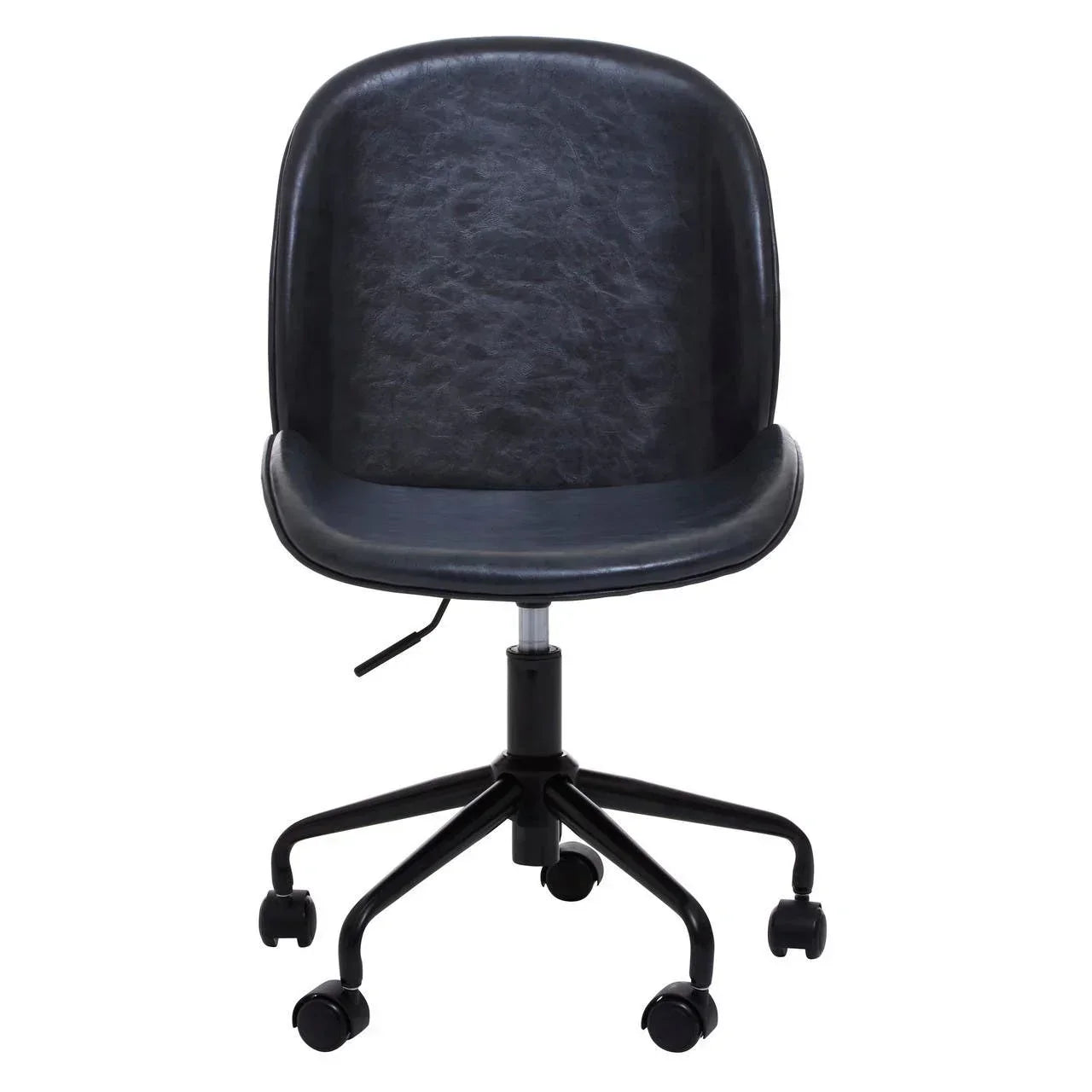 Black faux leather office chair with curved back and adjustable swivel base on castors