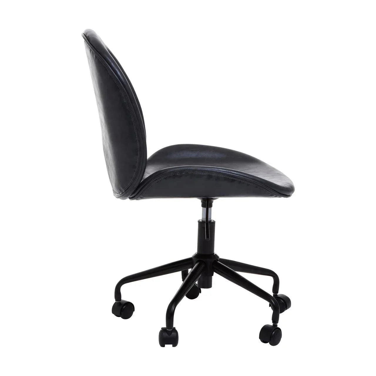 Black leather office chair side view with padded seat and backrest on caster wheels
