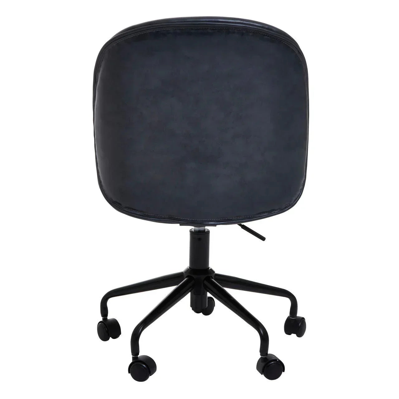 Black swivel office chair with padded backrest and five-wheel base, rear view