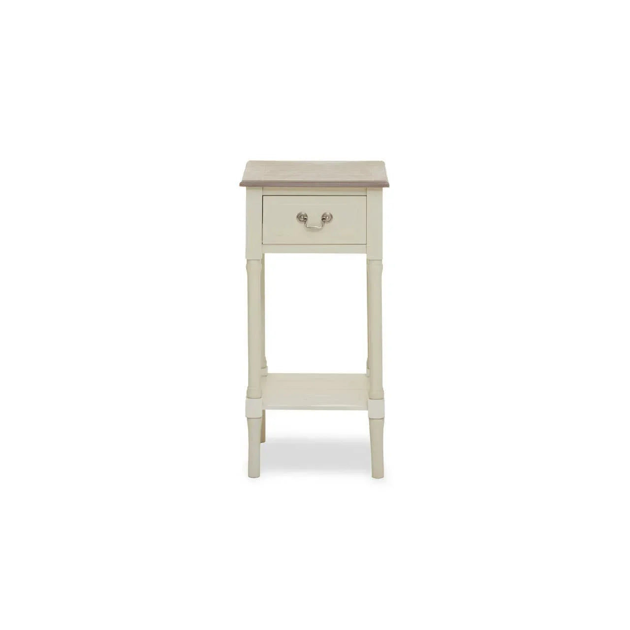 Cream bedside table with single drawer, lower shelf and wood top, front view