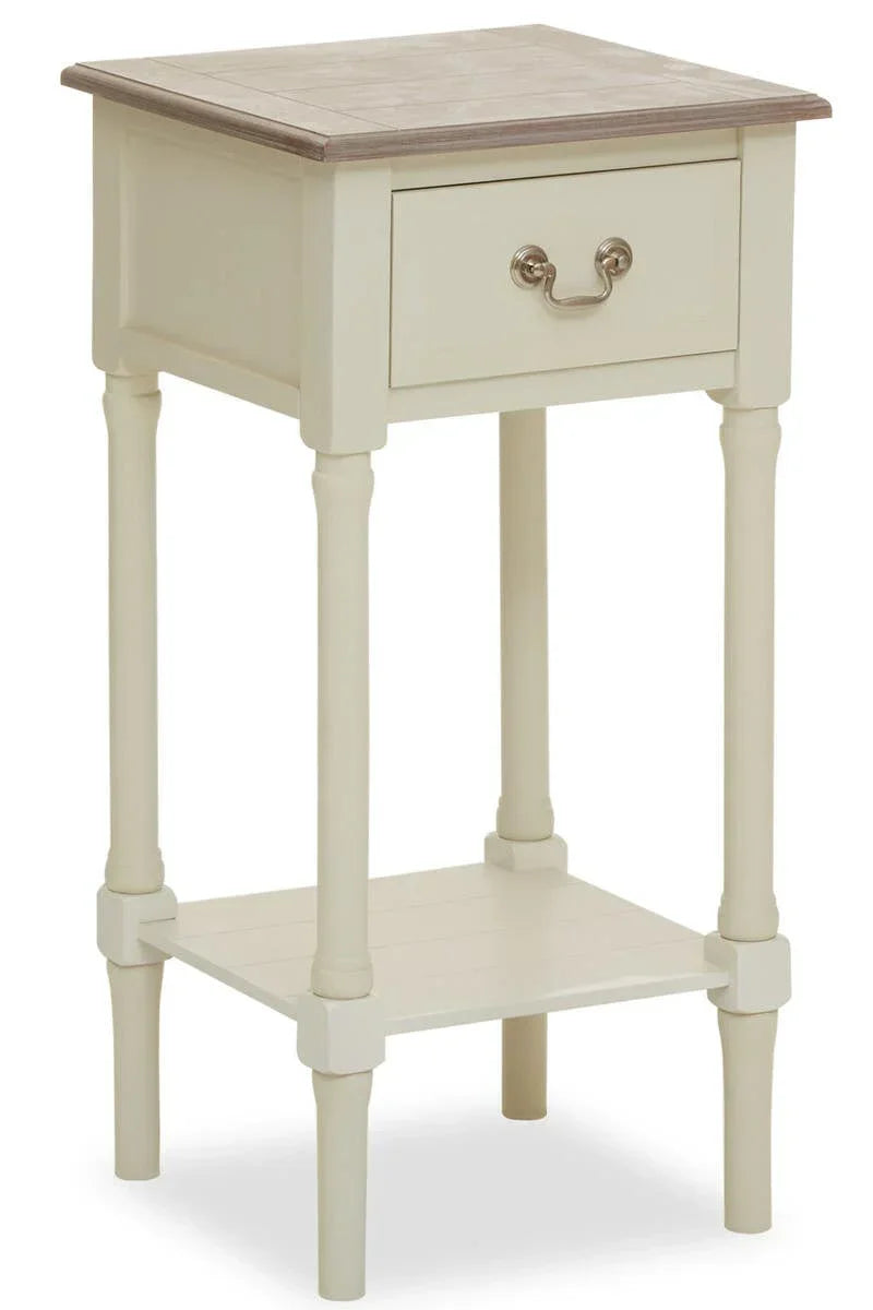 Cream wooden bedside table with drawer, lower shelf, and natural finish top