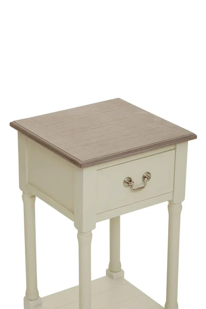 Cream wooden bedside table with single drawer, metal handle and wood effect top