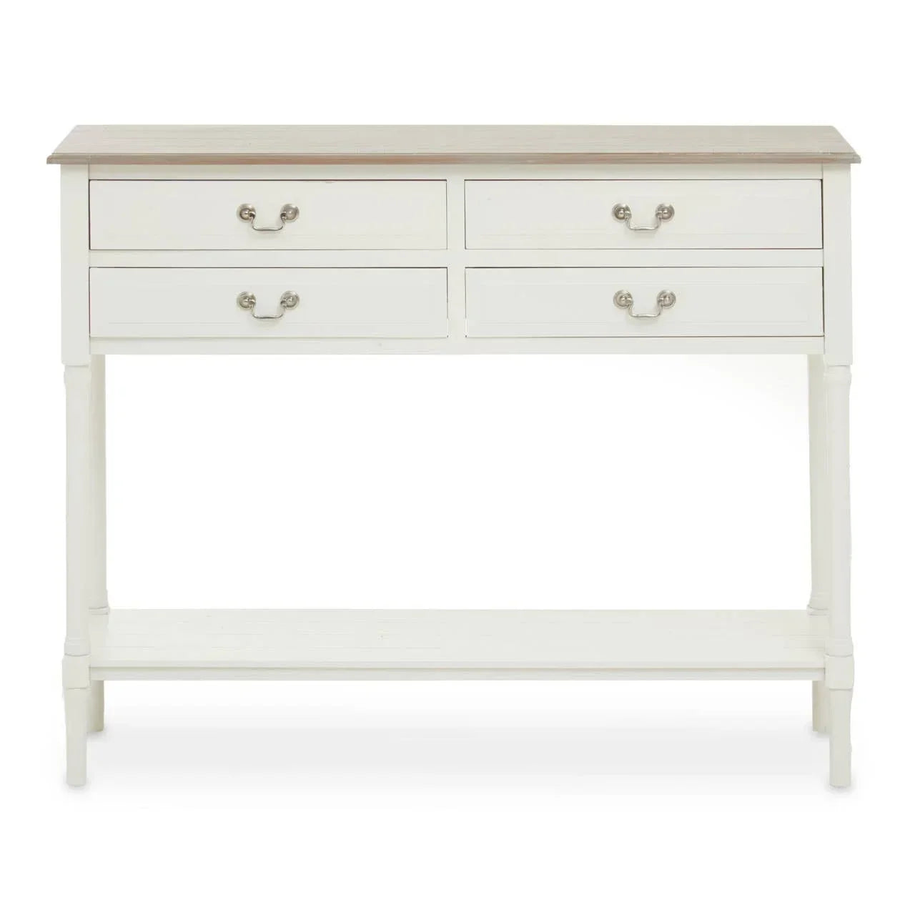 White wooden console table with four drawers and lower shelf, natural wood top