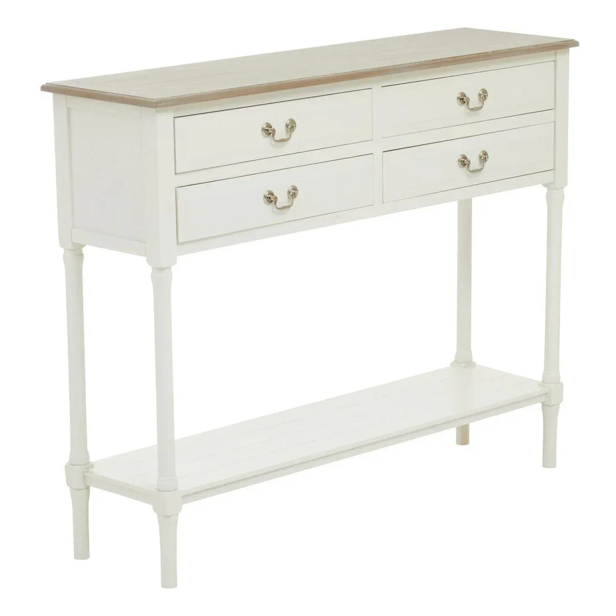 White console table with four drawers, light wood top and lower shelf, front angle view