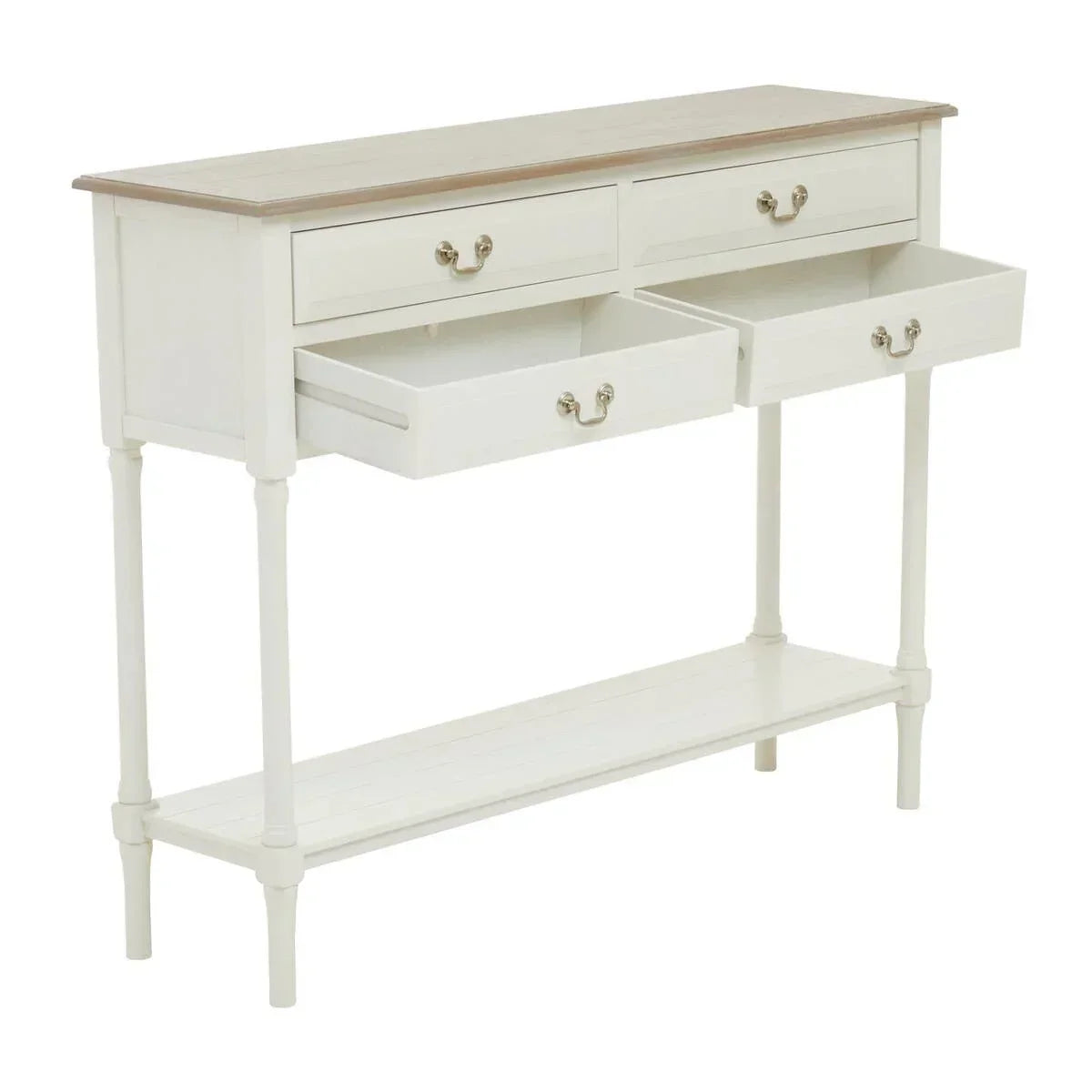 White console table with two open drawers, lower shelf, and natural wood top