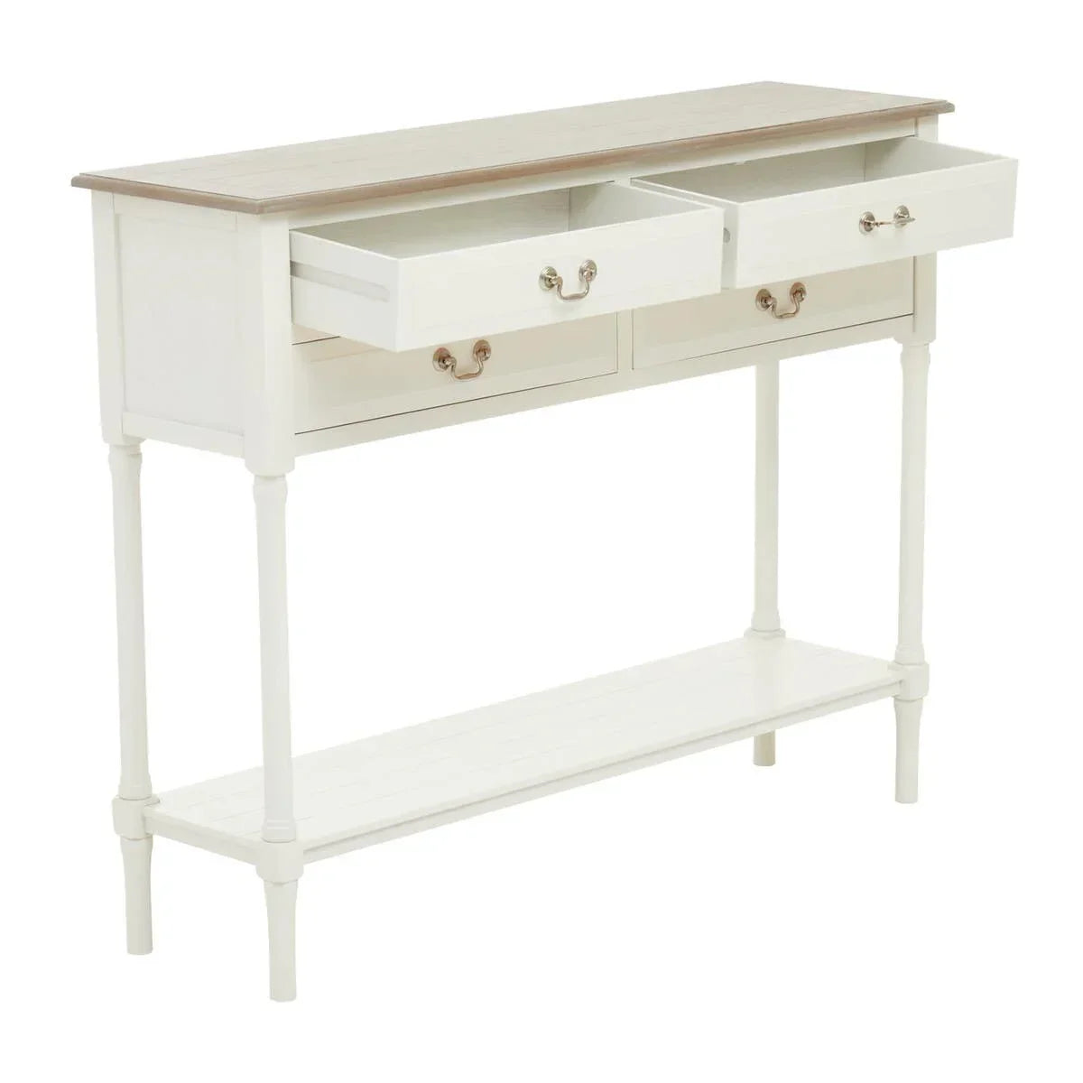 White hallway console table with two open drawers, wooden top and lower storage shelf