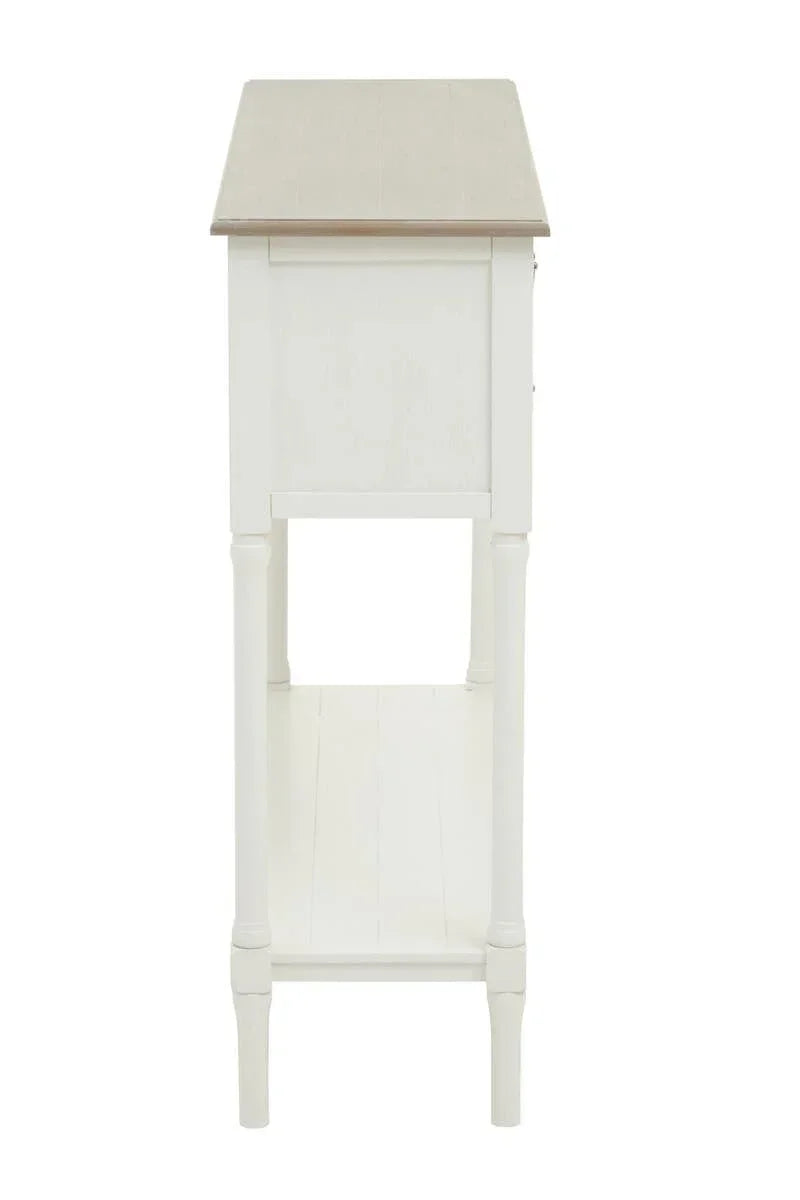 Side view of white wooden console table with light wood top and lower shelf