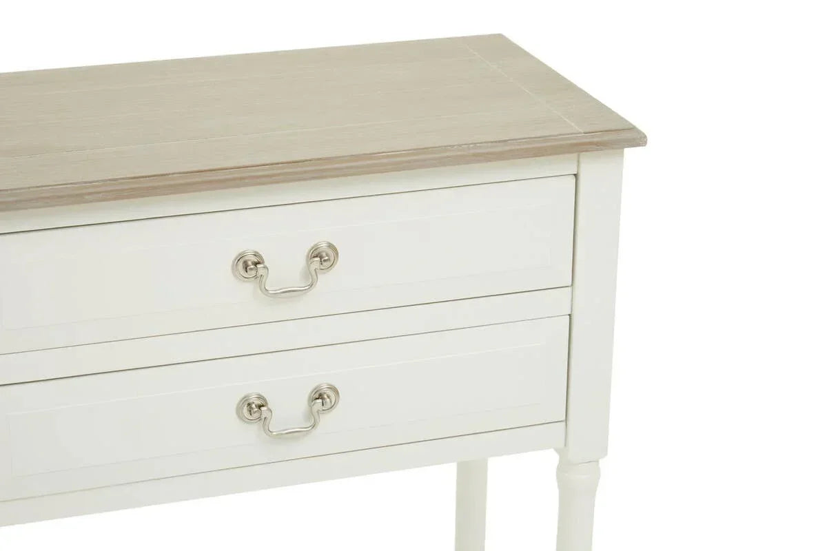White wooden chest of drawers with brushed metal handles and light oak top
