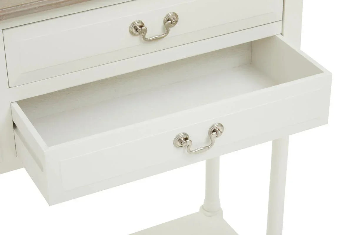 White wooden console table with open drawer and silver handles