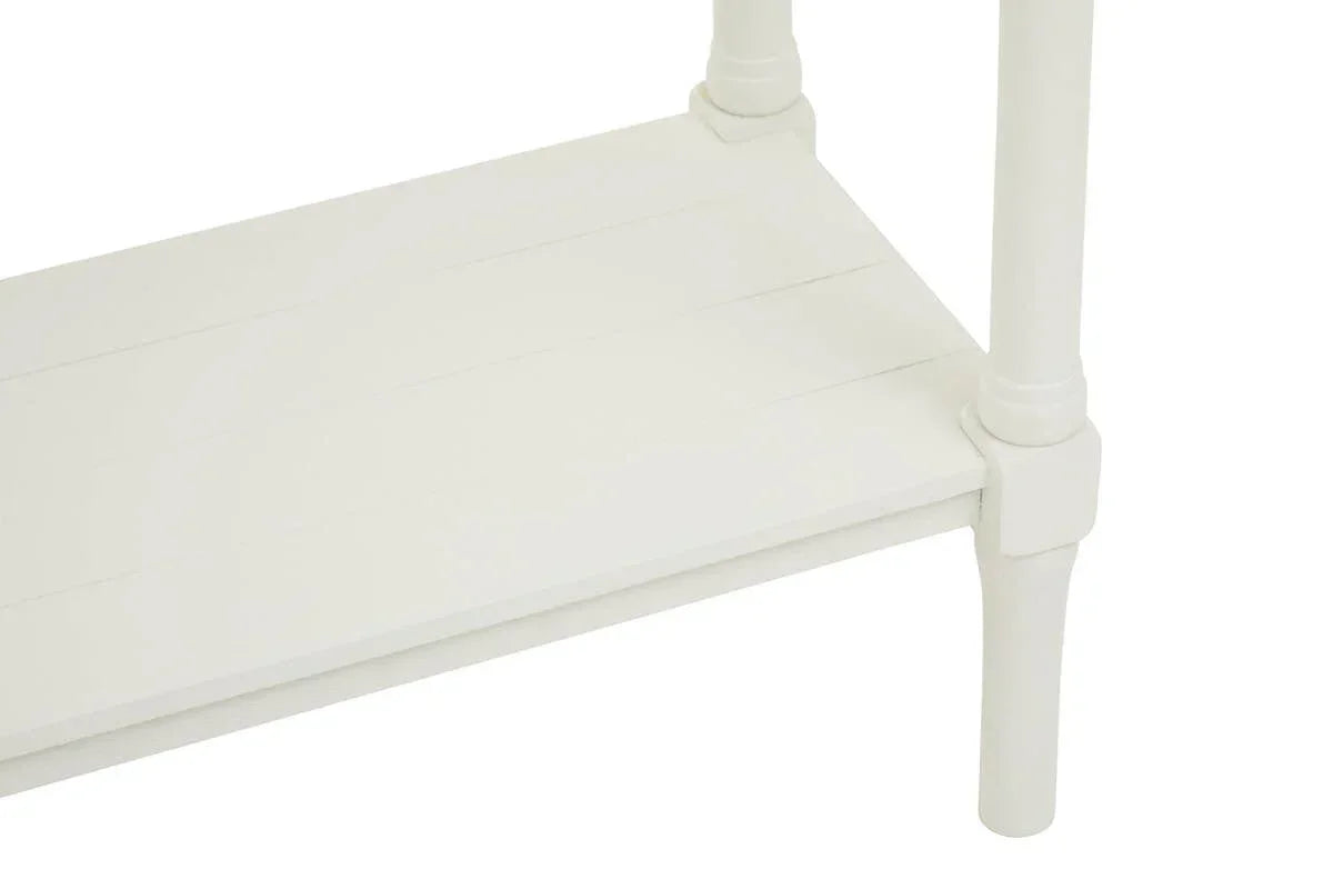 White wooden furniture leg and lower shelf with paneled design, close-up angle