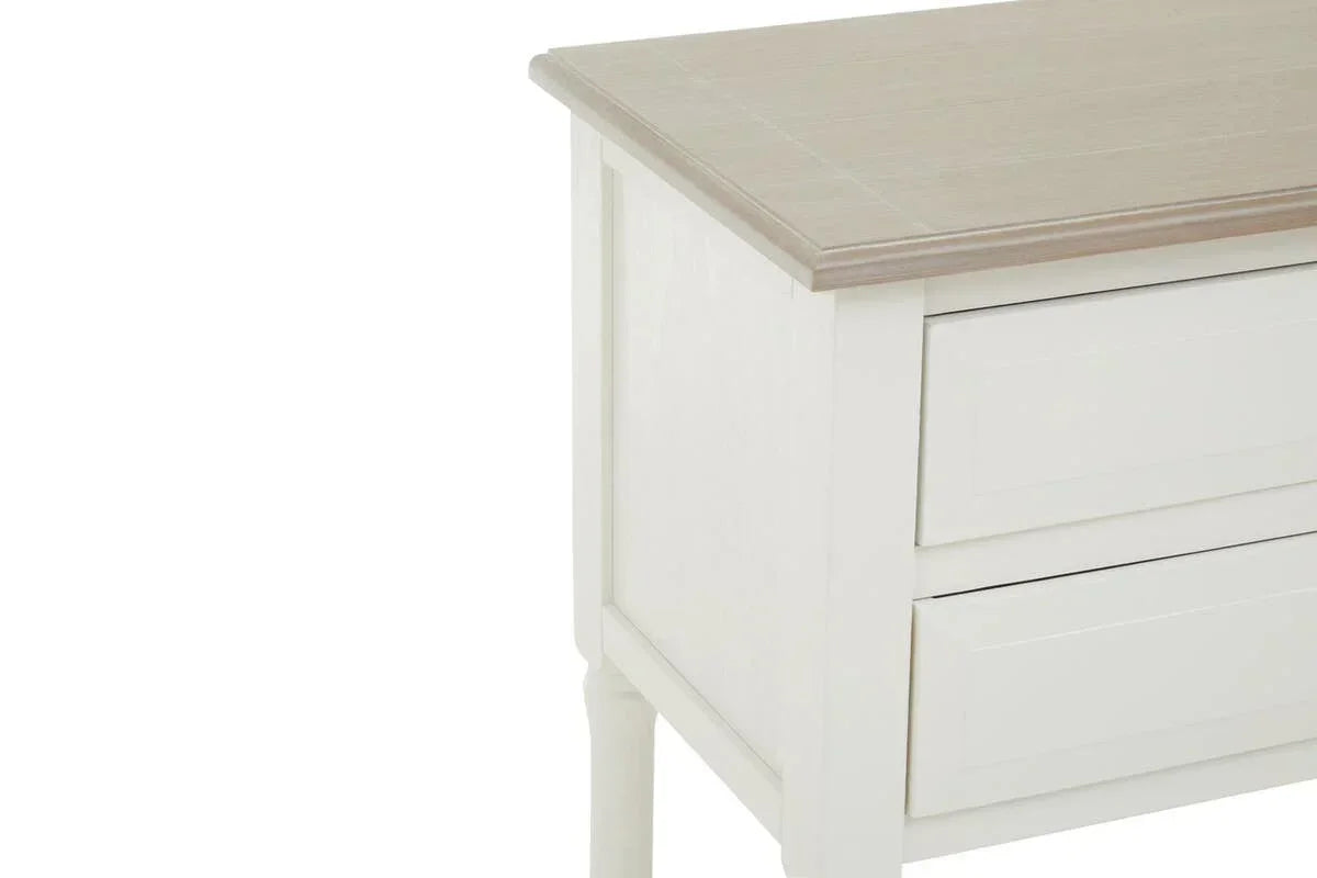 White wooden chest of drawers with light oak top, close side and corner detail