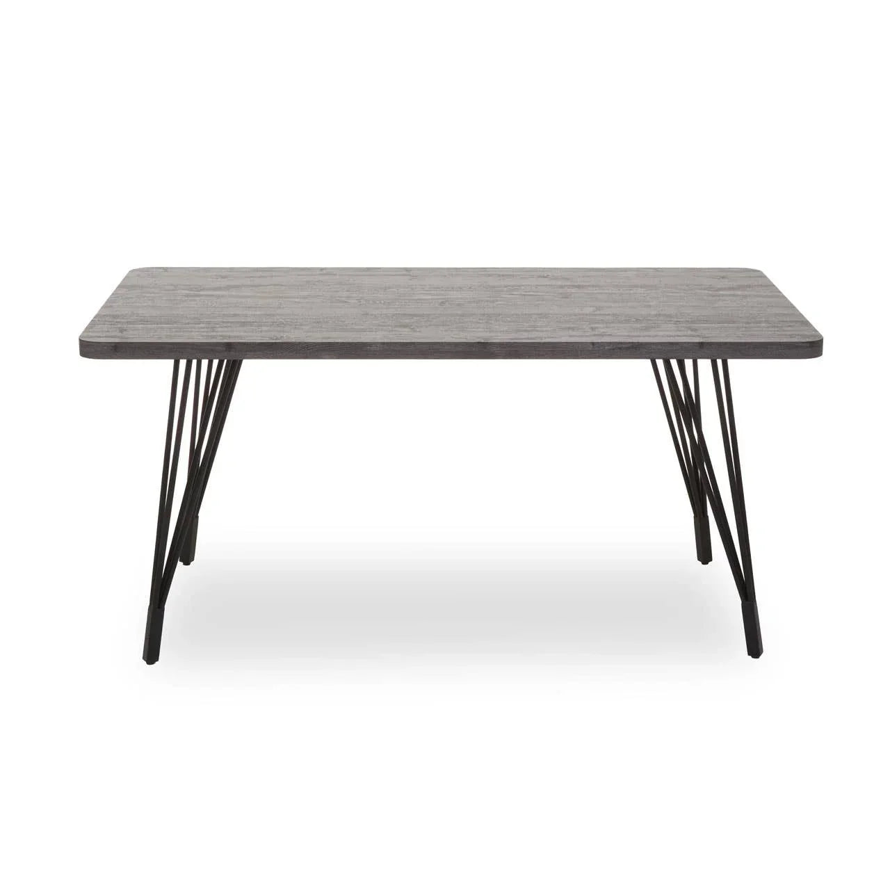 Modern dining table with rectangular grey wood top and black metal angled legs