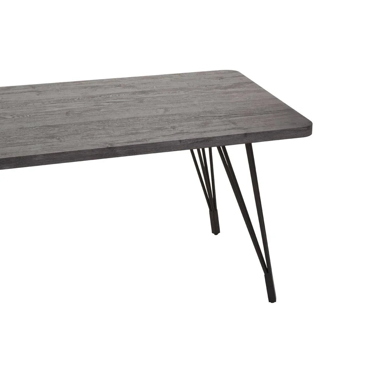 Grey wood dining table with black metal hairpin legs, corner angle view