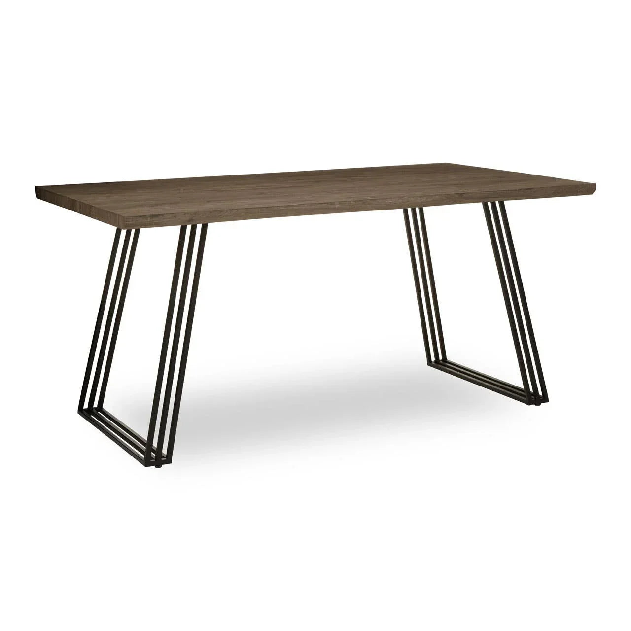 Rectangular dining table with wooden top and black metal angled legs